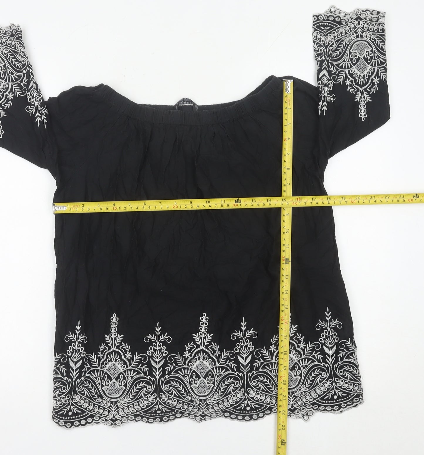 Zara Women Black Embroidered Off Shoulder Cotton Tunic Blouse Size 12