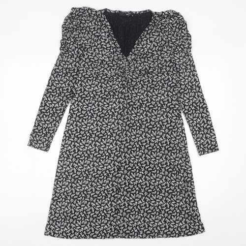 Next Womens Black Floral A-Line Jersey Dress Size 10 V-Neck Long Sleeve