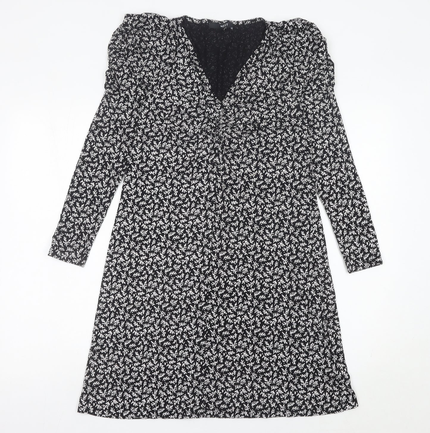 Next Womens Black Floral A-Line Jersey Dress Size 10 V-Neck Long Sleeve