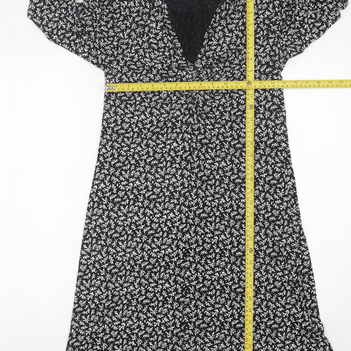 Next Womens Black Floral A-Line Jersey Dress Size 10 V-Neck Long Sleeve