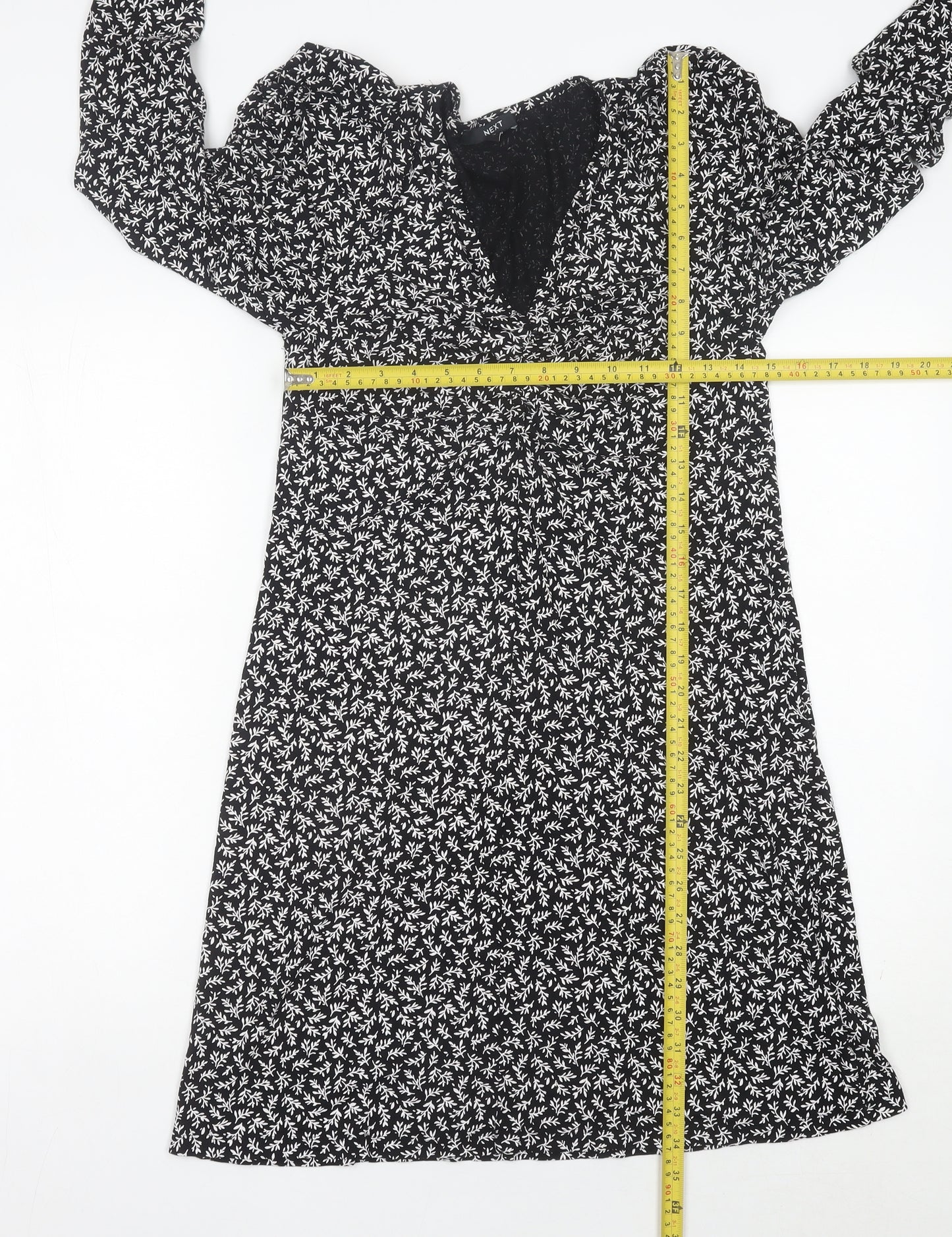 Next Womens Black Floral A-Line Jersey Dress Size 10 V-Neck Long Sleeve