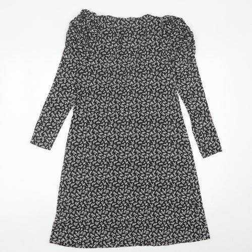 Next Womens Black Floral A-Line Jersey Dress Size 10 V-Neck Long Sleeve