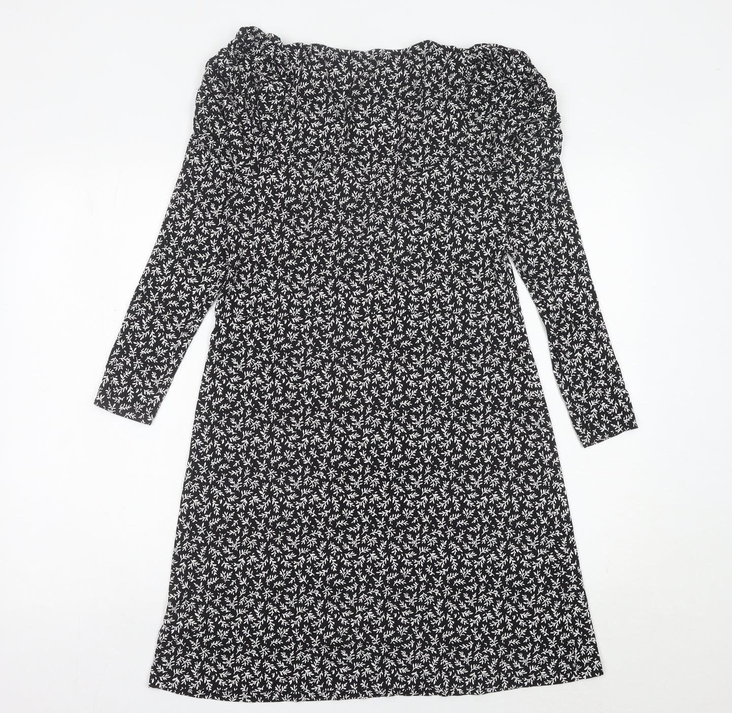 Next Womens Black Floral A-Line Jersey Dress Size 10 V-Neck Long Sleeve