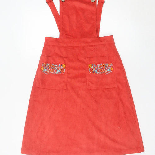 Harkel Women’s Red Pinafore Dress UK 8 Embroidered Pockets