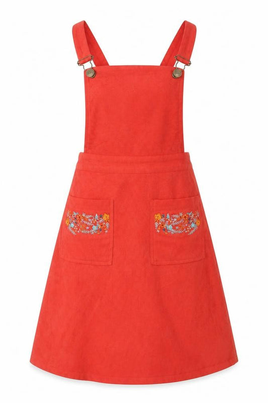 Front view of Harkel Women’s Red Pinafore Dress UK 8 Embroidered Pockets