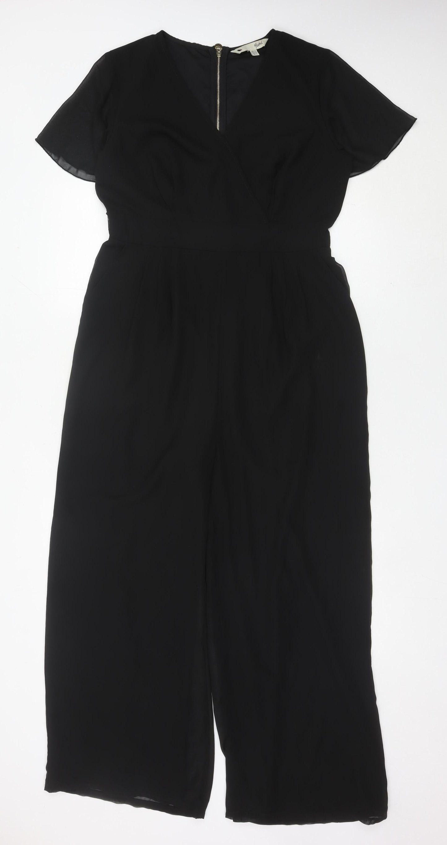 Yumi Women Black Size 12 Wide-Leg V-Neck Belted Jumpsuit