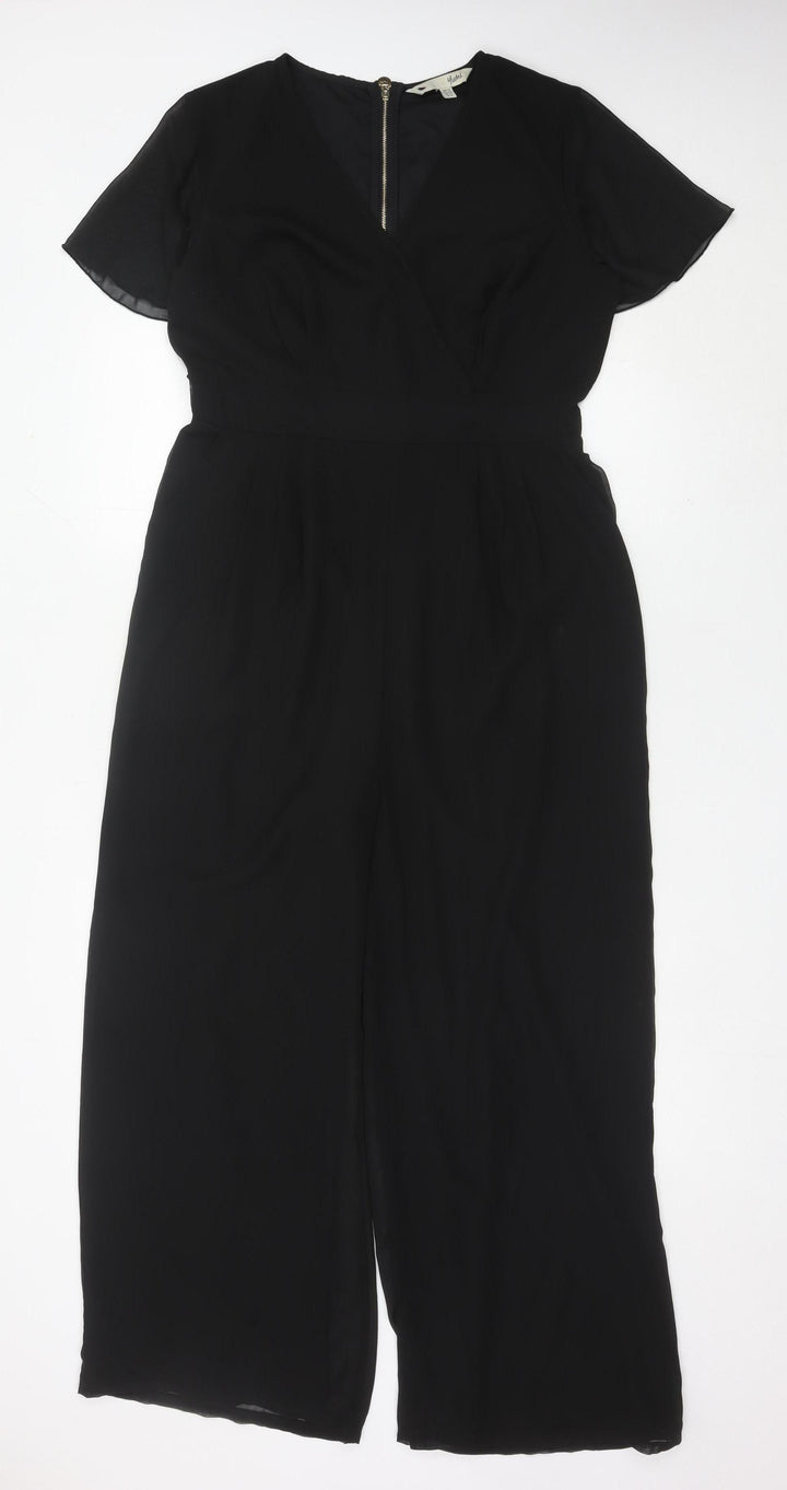 Yumi Women Black Size 12 Wide-Leg V-Neck Belted Jumpsuit