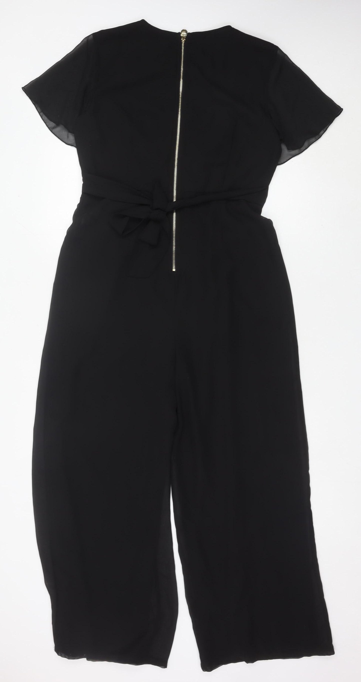 Yumi Women Black Size 12 Wide-Leg V-Neck Belted Jumpsuit