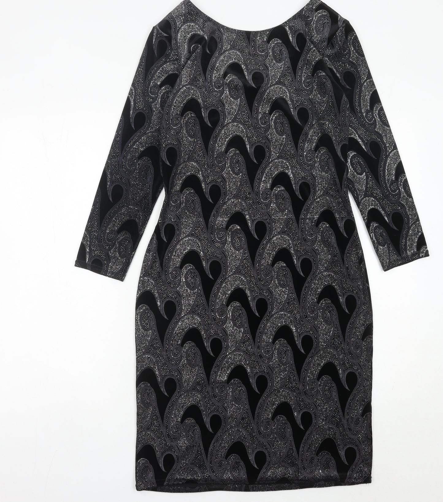 Quiz Women’s Black Paisley Bodycon Dress Size 12 Stretch Velvet