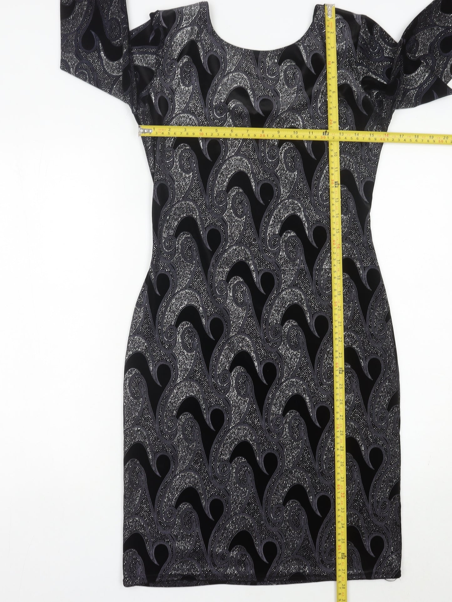 Quiz Women’s Black Paisley Bodycon Dress Size 12 Stretch Velvet