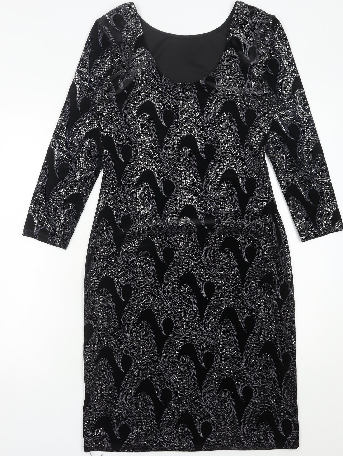Quiz Women’s Black Paisley Bodycon Dress Size 12 Stretch Velvet