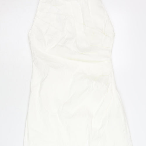 Zara Women White Linen Blend Slip Dress Size 14 Halter Sleeveless Short