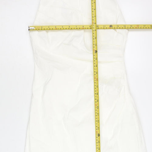 Zara Women White Linen Blend Slip Dress Size 14 Halter Sleeveless Short