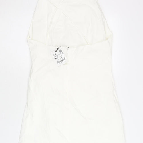 Zara Women White Linen Blend Slip Dress Size 14 Halter Sleeveless Short