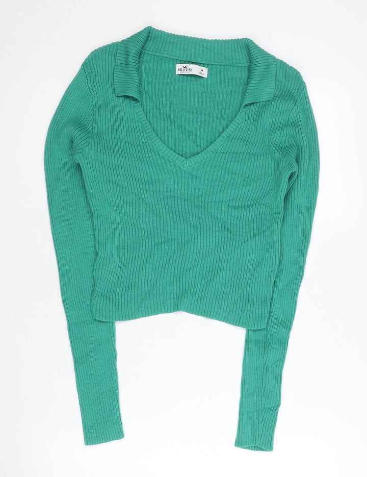 Hollister Womens Green V-Neck Slim Fit Ribbed Jumper Size M