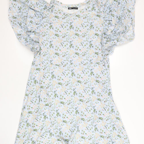 Zara Women Blue Floral Animal Print Shift Dress L Puff Sleeve
