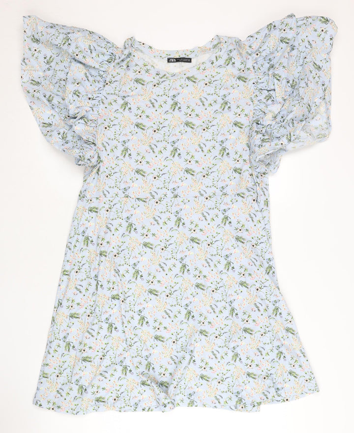 Zara Women Blue Floral Animal Print Shift Dress L Puff Sleeve