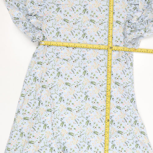 Zara Women Blue Floral Animal Print Shift Dress L Puff Sleeve