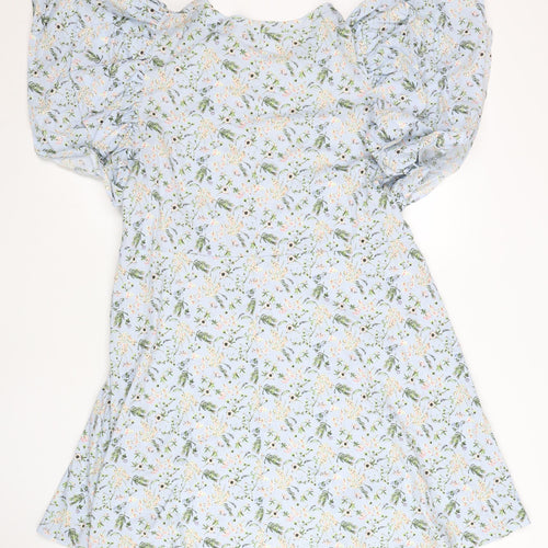 Zara Women Blue Floral Animal Print Shift Dress L Puff Sleeve