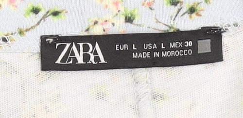 Zara Women Blue Floral Animal Print Shift Dress L Puff Sleeve