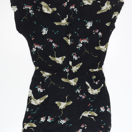 Zara Women Black Floral Bird Print Short Shift Dress Size 10