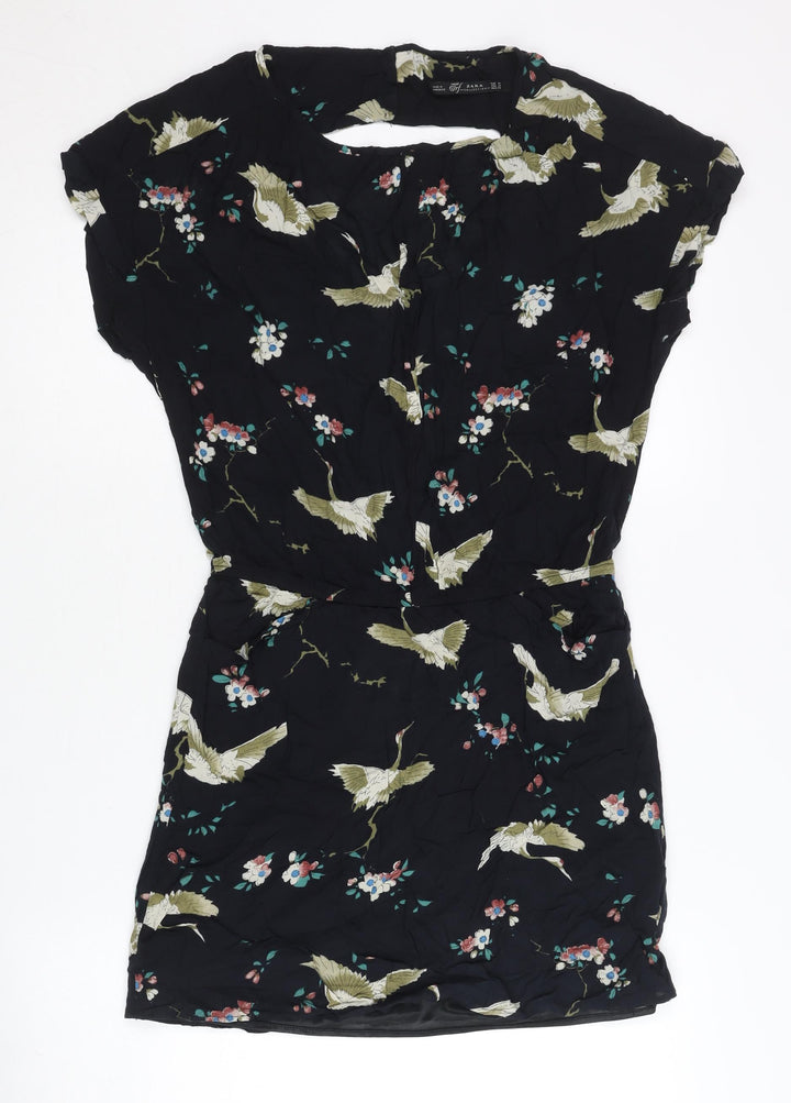 Zara Women Black Floral Bird Print Short Shift Dress Size 10