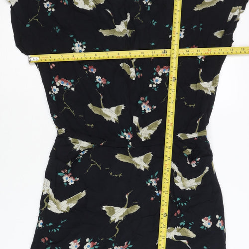 Zara Women Black Floral Bird Print Short Shift Dress Size 10