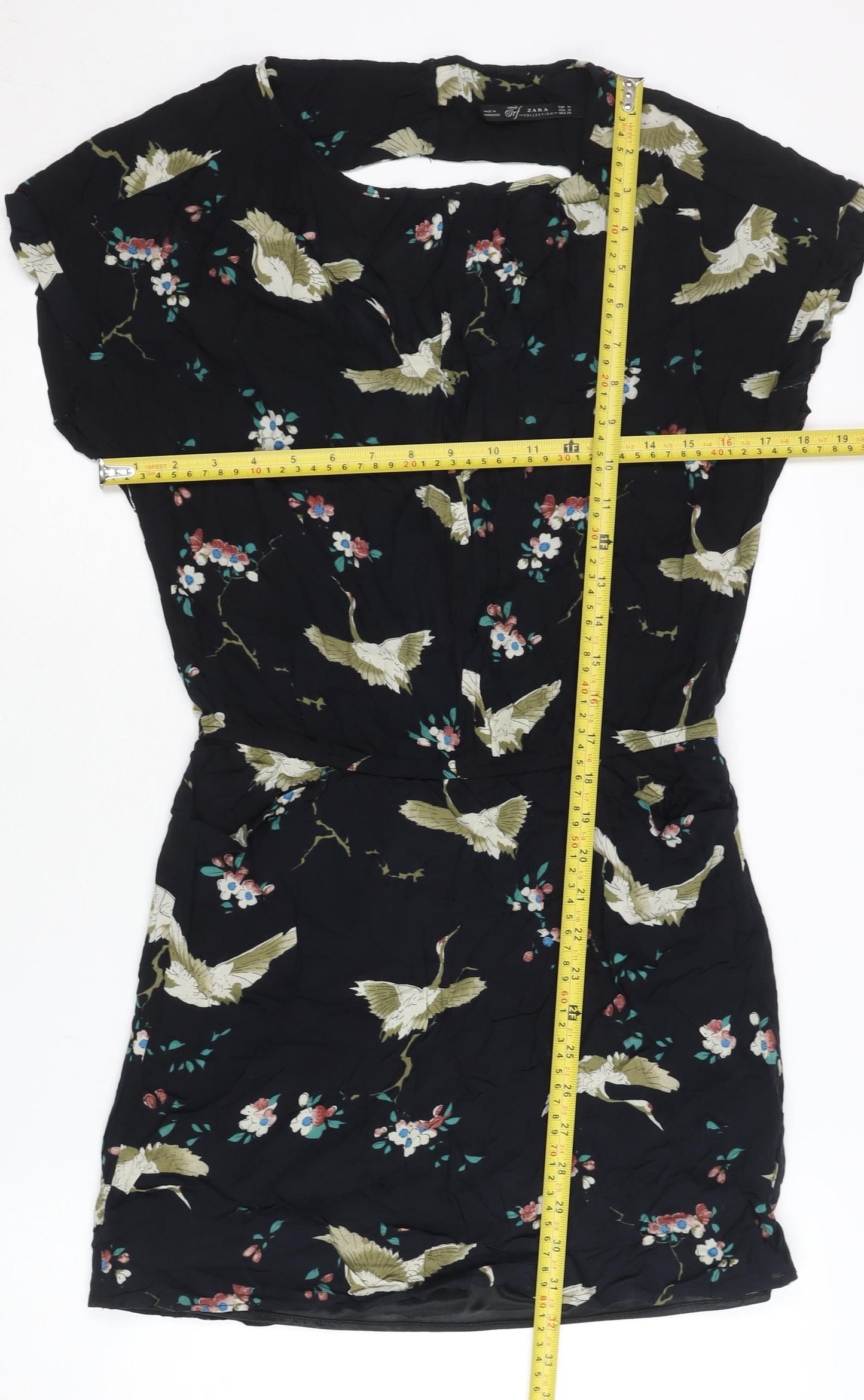 Zara Women Black Floral Bird Print Short Shift Dress Size 10