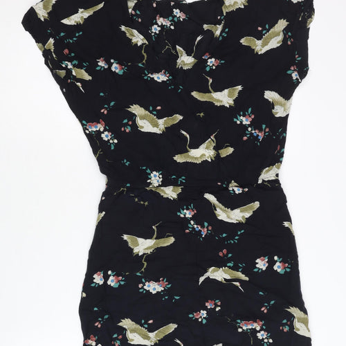 Zara Women Black Floral Bird Print Short Shift Dress Size 10
