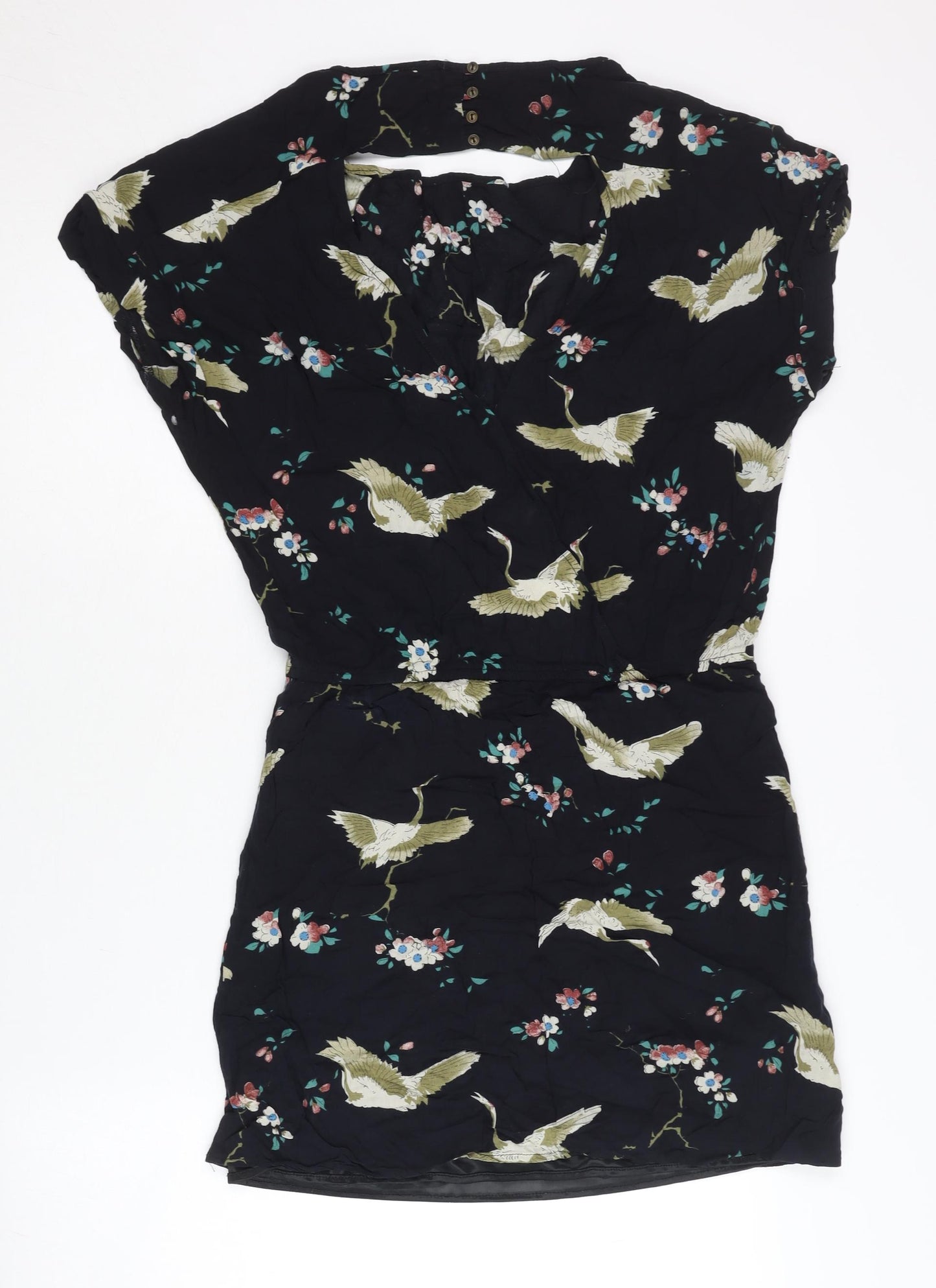 Zara Women Black Floral Bird Print Short Shift Dress Size 10