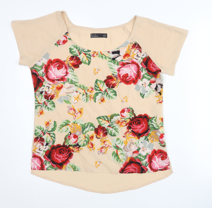 PIT by jc collection Women’s Beige Floral Chiffon T-Shirt UK 8