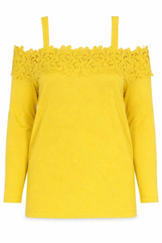 Front view of Soon women’s yellow plus, size UK 22, lace neck jumper