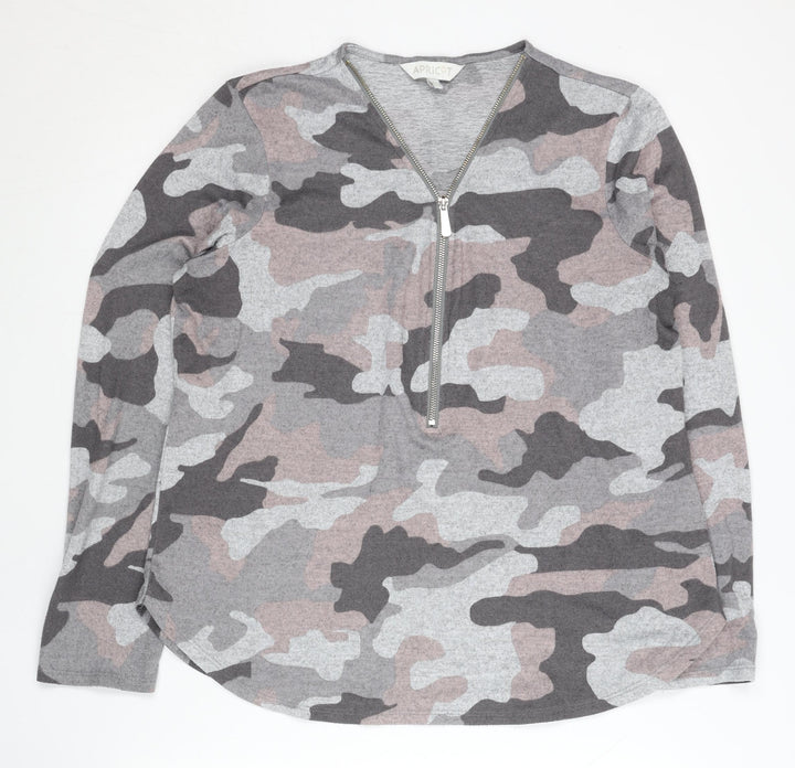 Apricot Women’s Grey Camo Zip Jumper Size 16 V-Neck Long Sleeve