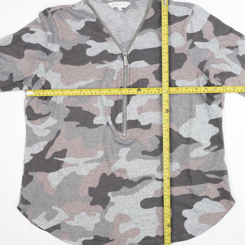 Apricot Women’s Grey Camo Zip Jumper Size 16 V-Neck Long Sleeve