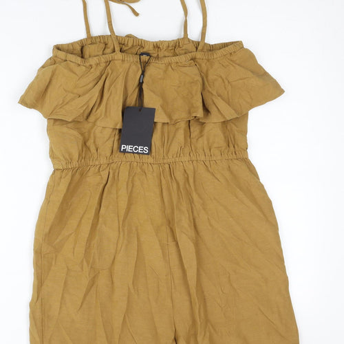 Pieces Women’s Brown XS Sleeveless Ruffle Strap Playsuit Summer Casual