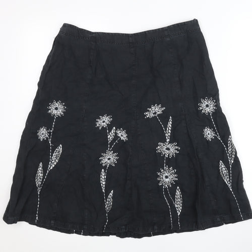 Next Womens Black Linen Embroidered Floral A-Line Skirt UK 14