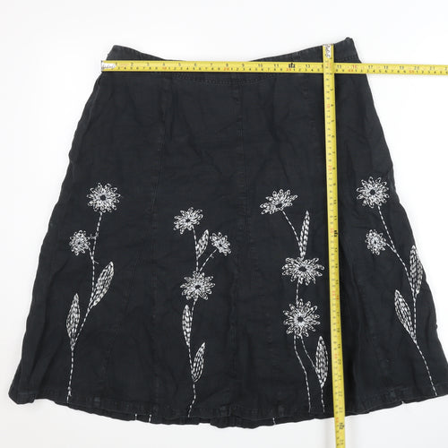 Next Womens Black Linen Embroidered Floral A-Line Skirt UK 14