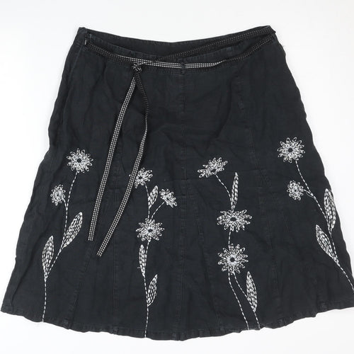 Next Womens Black Linen Embroidered Floral A-Line Skirt UK 14