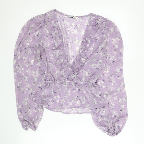 Stradivarius Women Purple Floral Wrap Blouse Size 8 V-Neck Long Sleeve