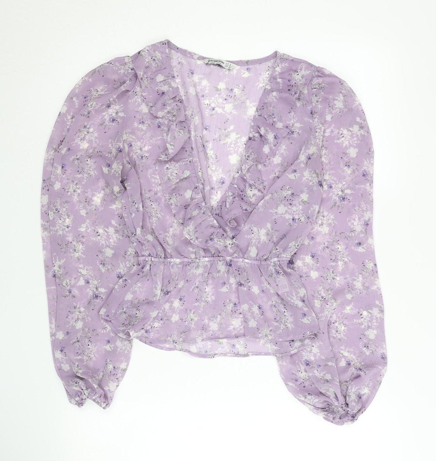 Stradivarius Women Purple Floral Wrap Blouse Size 8 V-Neck Long Sleeve