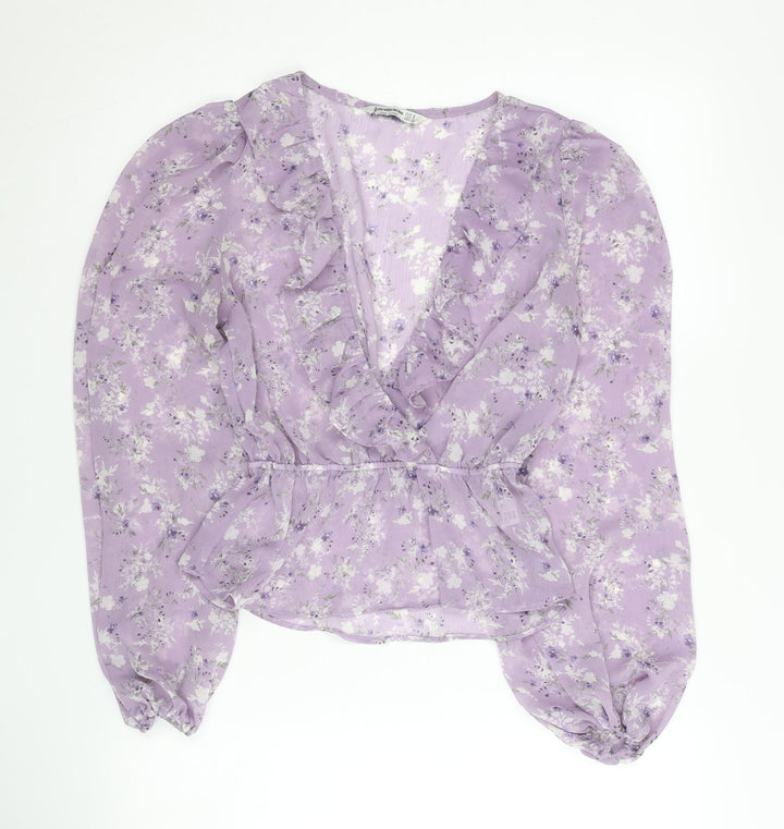 Stradivarius Women Purple Floral Wrap Blouse Size 8 V-Neck Long Sleeve
