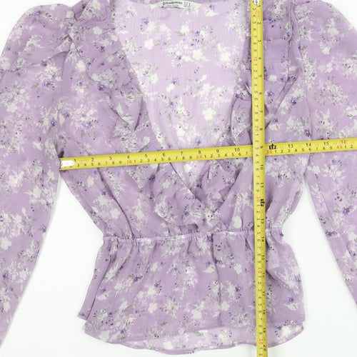 Stradivarius Women Purple Floral Wrap Blouse Size 8 V-Neck Long Sleeve