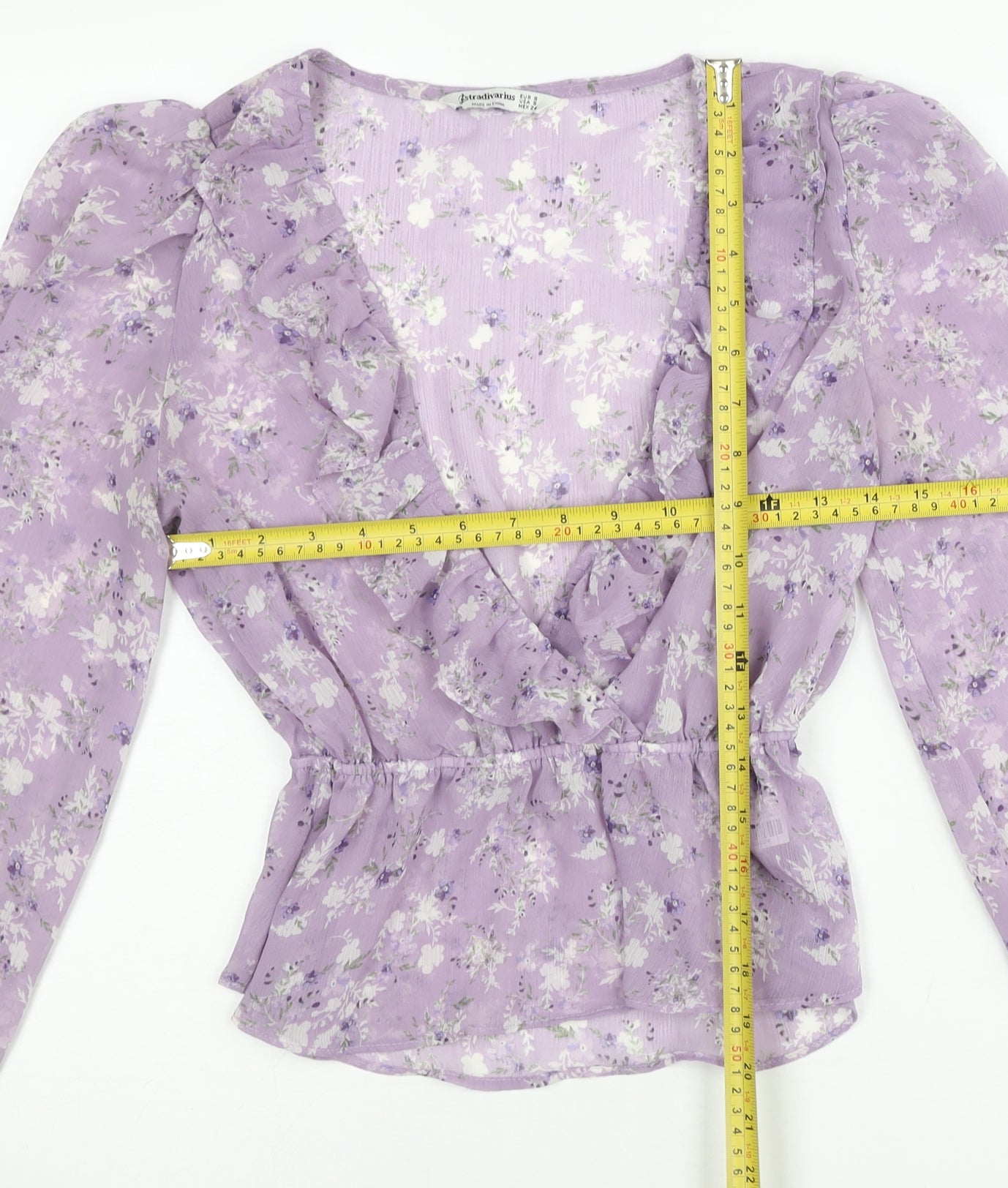 Stradivarius Women Purple Floral Wrap Blouse Size 8 V-Neck Long Sleeve