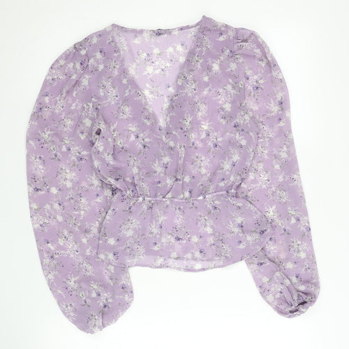 Stradivarius Women Purple Floral Wrap Blouse Size 8 V-Neck Long Sleeve