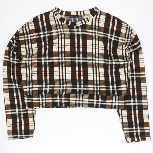 Boohoo Women’s Brown Plaid Crew Neck Pullover Jumper UK 8