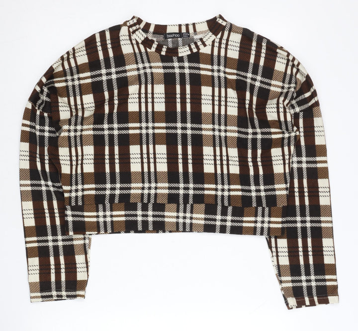 Boohoo Women’s Brown Plaid Crew Neck Pullover Jumper UK 8