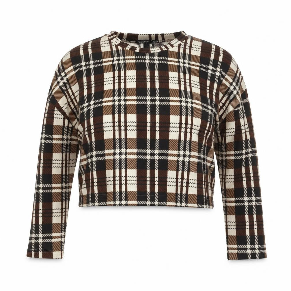 Boohoo Women’s Brown Plaid Crew Neck Pullover Jumper UK 8