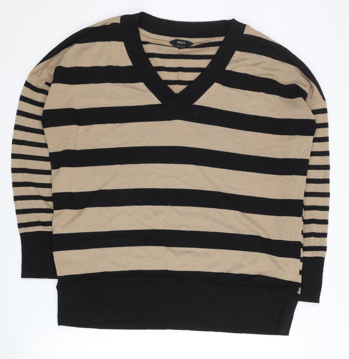 Next Women’s Beige Black Striped V-Neck Pullover Jumper M