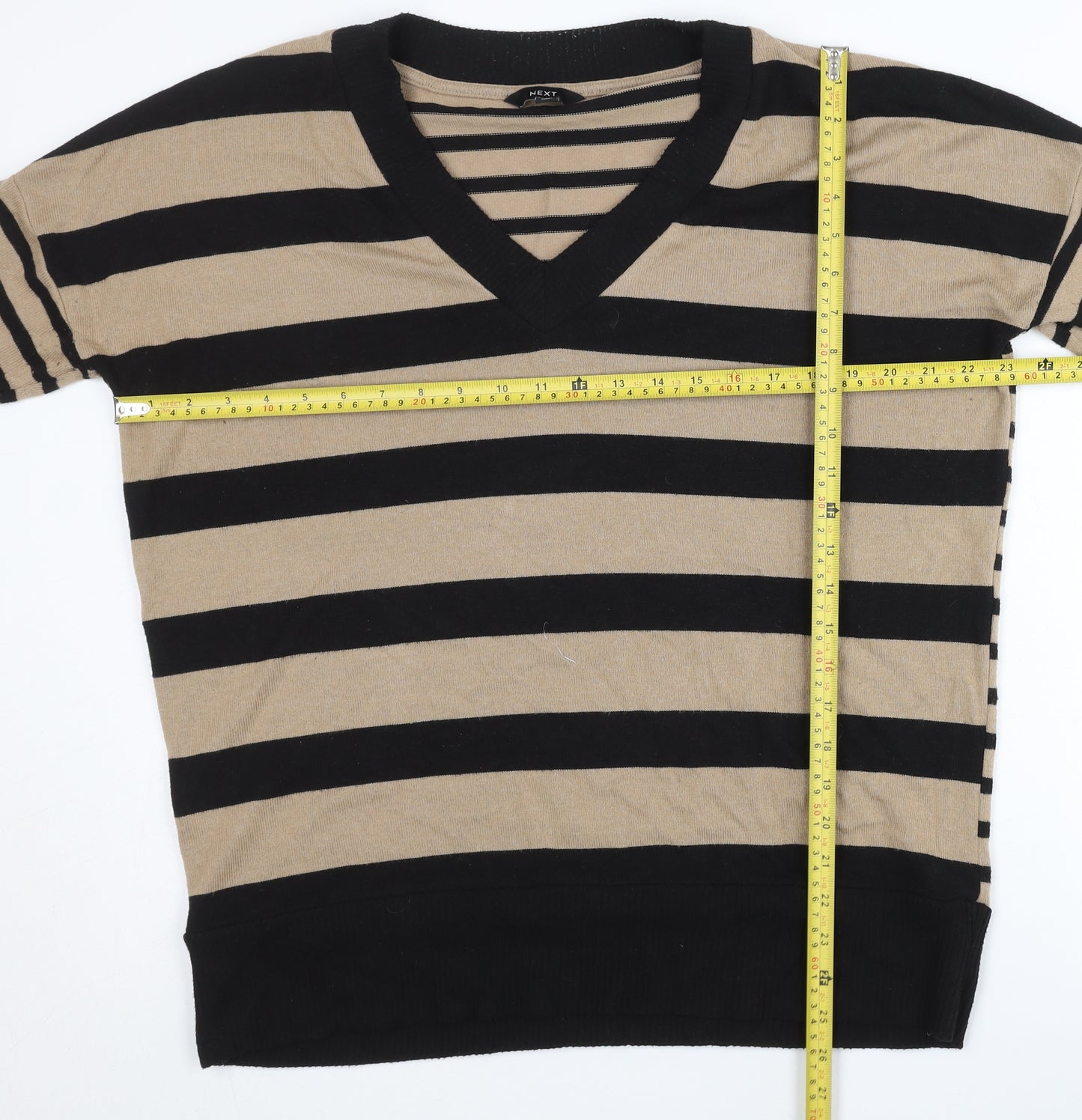 Next Women’s Beige Black Striped V-Neck Pullover Jumper M