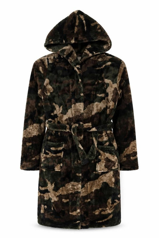 Bench Boys Green Camouflage Fleece Hooded Robe 15-16 Years Tie Belt